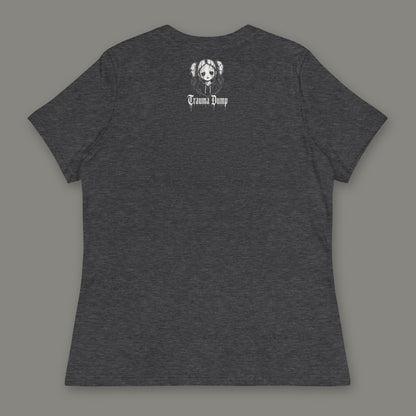 Wallflower Women's Relaxed Tee in dark grey heather by Trauma Dump, women's relaxed tee goth tee back view with TD doll logo under the collar in white ink (Dark Grey Heather, White ink)