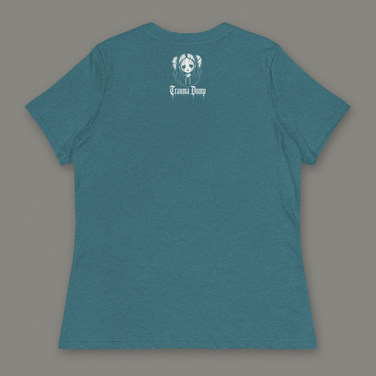 Wallflower Women's Relaxed Tee in heather deep teal by Trauma Dump, women's relaxed tee goth tee back view with TD doll logo under the collar in white ink (Heather Deep Teal, White ink)