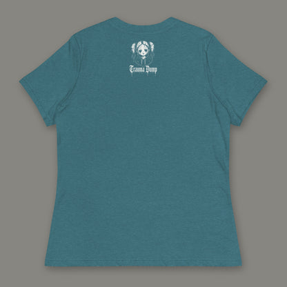 Wallflower Women's Relaxed Tee in heather deep teal by Trauma Dump, women's relaxed tee goth tee back view with TD doll logo under the collar in white ink (Heather Deep Teal, White ink)