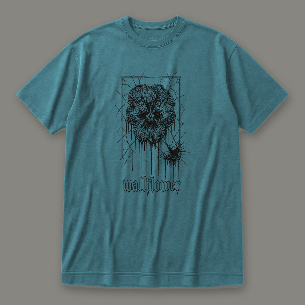 Wallflower Women's Relaxed Tee in heather deep teal by Trauma Dump, pressed flower tattoo-style gothic graphic in black ink (Heather Deep Teal, black ink)