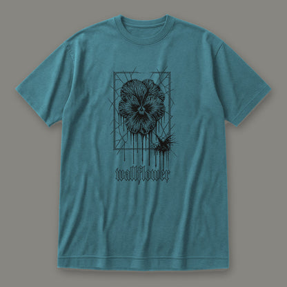 Wallflower Women's Relaxed Tee in heather deep teal by Trauma Dump, pressed flower tattoo-style gothic graphic in black ink (Heather Deep Teal, black ink)