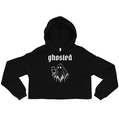 Ghosted Cropped Hoodie by Trauma Dump, black goth cropped hoodie front view (Black, white ink)