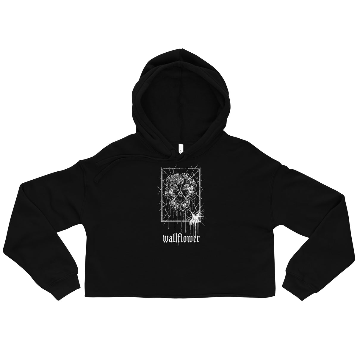 Wallflower Cropped Hoodie by Trauma Dump, black goth cropped hoodie front view (Black, white ink)