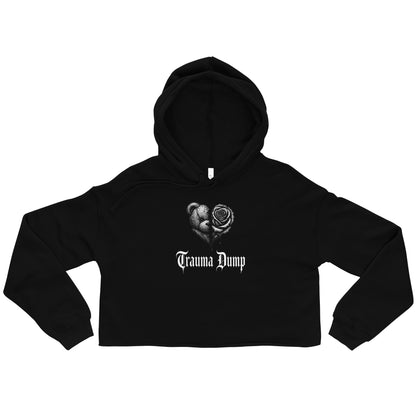 Trauma Dump Cropped Hoodie by Trauma Dump, black goth cropped hoodie front view with broken heart print (Black, white ink)