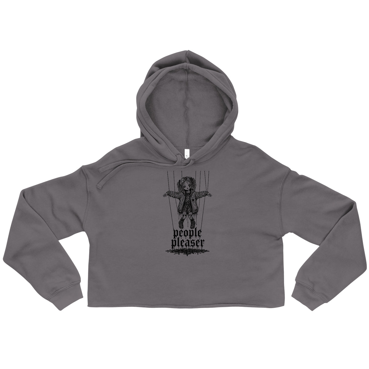 People Pleaser Cropped Hoodie by Trauma Dump, storm goth cropped hoodie front view, Printful mockup (Storm, black ink)